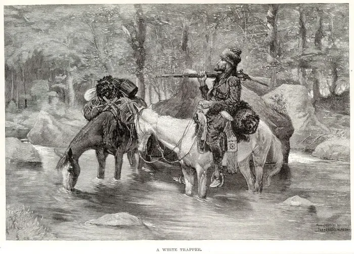 Framed Print : A French-Canadian white trapper waters his horses Date: 19th century Framed Print : A French-Canadian white trapper waters his horses Date: 19th century