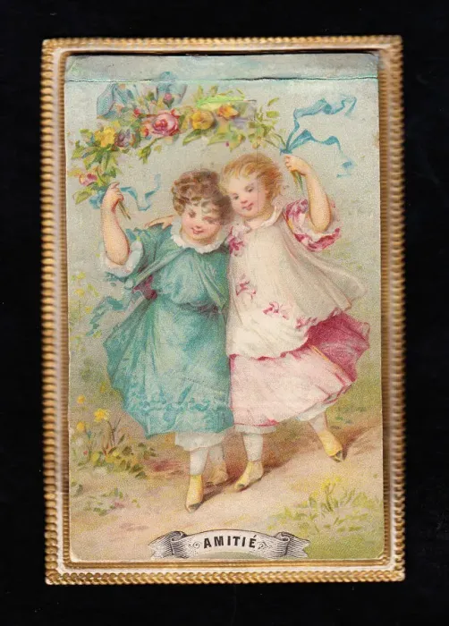 Framed Print : French card, two girls celebrating Friendship Framed Print : French card, two girls celebrating Friendship