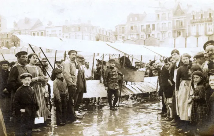 Framed Print : French Caudron biplane after beach landing Framed Print : French Caudron biplane after beach landing