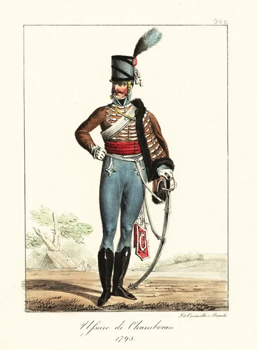Framed Print : French cavalryman in the Regiment de Chamborant Hussards, 1795 Framed Print : French cavalryman in the Regiment de Chamborant Hussards, 1795