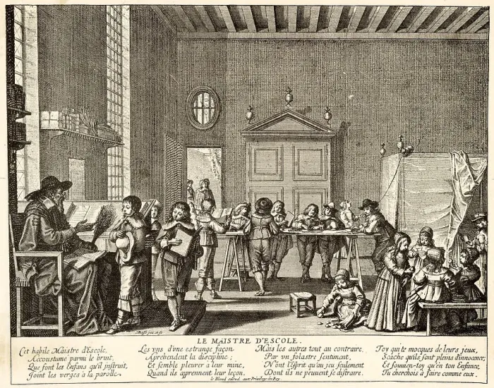 Framed Print : A French classroom of boys and girls with their teacher. Date: early 17th century Framed Print : A French classroom of boys and girls with their teacher. Date: early 17th century