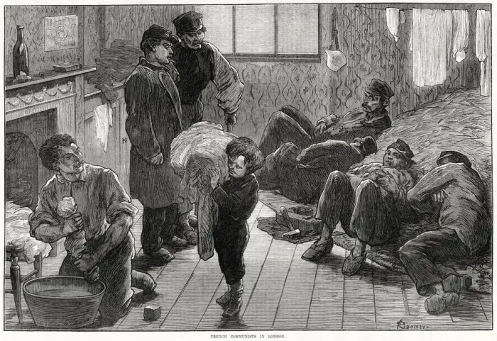Framed Print : French Communists in London, living crowded together in basic lodgings. Date: 1872 Framed Print : French Communists in London, living crowded together in basic lodgings. Date: 1872