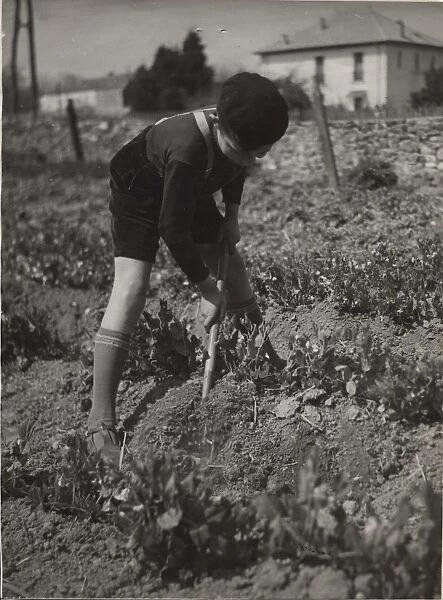 French cub scout digging in a field
