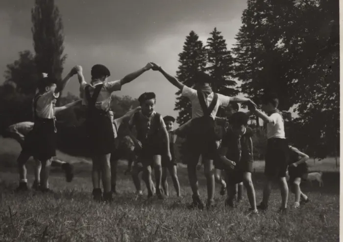 Framed Print : French cub scouts dancing in a field Framed Print : French cub scouts dancing in a field