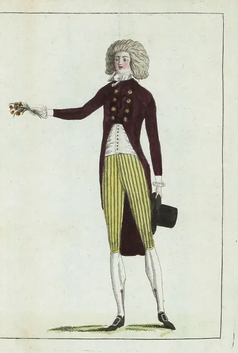 Framed Print : French dandy in red riding coat, striped culottes 1790 Framed Print : French dandy in red riding coat, striped culottes 1790