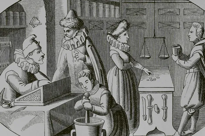 Framed Print : French druggist and grocer, 16th century. Engraving Framed Print : French druggist and grocer, 16th century. Engraving