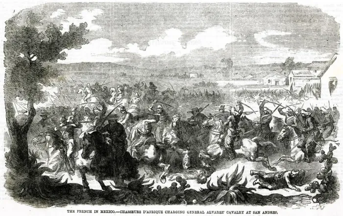 Framed Print : French engagement with Mexican Cavalry at San Andres Framed Print : French engagement with Mexican Cavalry at San Andres