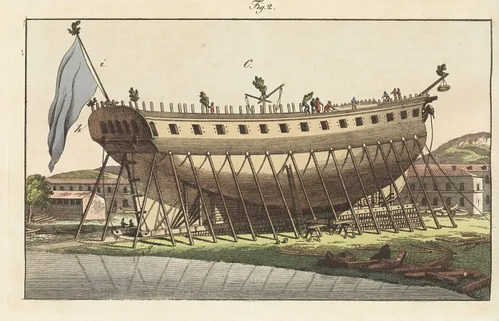 Framed Print : French frigate in a shipyard ready for launch, 1800s Framed Print : French frigate in a shipyard ready for launch, 1800s