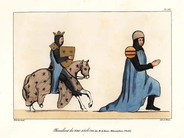Framed Print : French knights in armour wearing ailettes with coat of arms, 13t