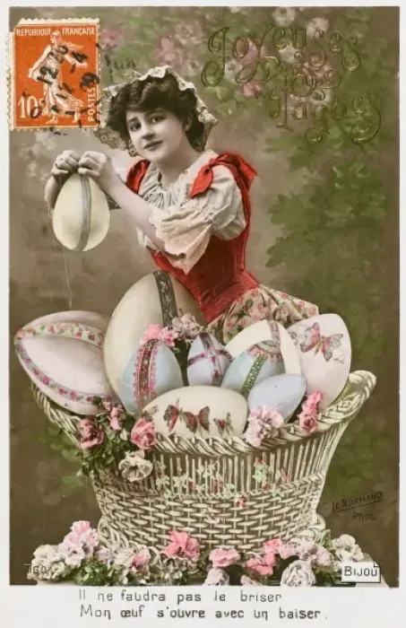 Framed Print : French lady with a basket of large Easter eggs Framed Print : French lady with a basket of large Easter eggs