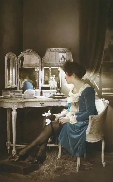 Framed Print : French lady getting ready to go out in her boudoir Framed Print : French lady getting ready to go out in her boudoir