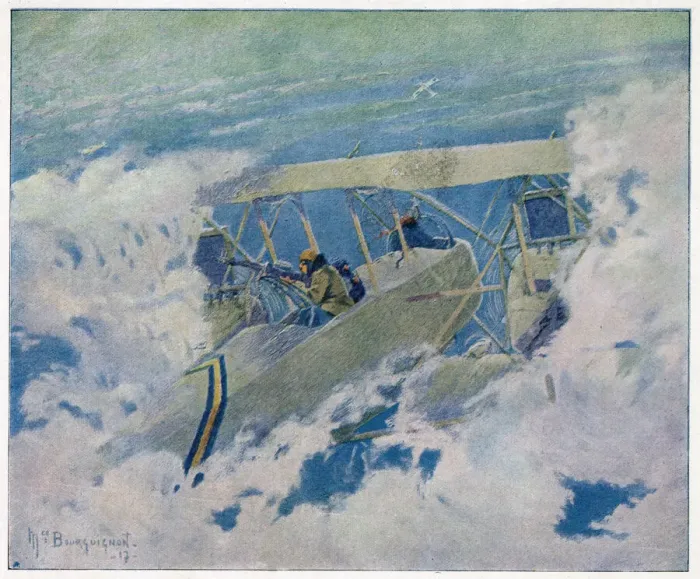Framed Print : A French Letard engages two German Aviatiks in the clouds Date: 1917 Framed Print : A French Letard engages two German Aviatiks in the clouds Date: 1917