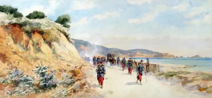 Framed Print : French Line Regiment patrolling a Mediterranean road Framed Print : French Line Regiment patrolling a Mediterranean road