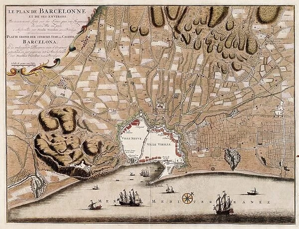 French map of the city of Barcelona (1706). SPAIN