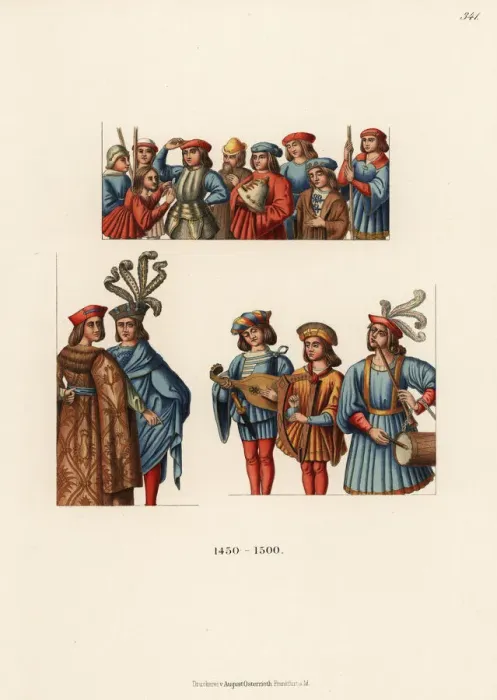 Framed Print : French mens costumes of the late 15th century Framed Print : French mens costumes of the late 15th century