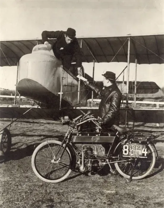 Framed Print : A French Moto cyclist despatch rider hands over a despatch Framed Print : A French Moto cyclist despatch rider hands over a despatch