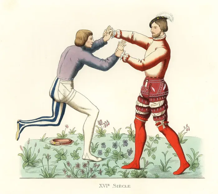 Framed Print : French nobles wrestling in a show bout, 16th century Framed Print : French nobles wrestling in a show bout, 16th century