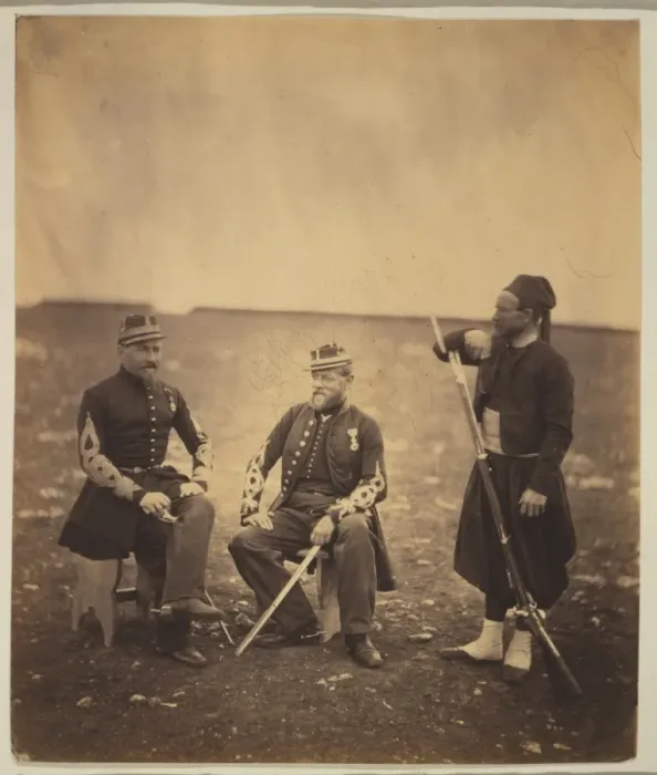 Framed Print : Two French officers, seated, and Zouave, standing with arm r Framed Print : Two French officers, seated, and Zouave, standing with arm r