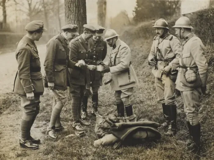 Framed Print : French officers sharing a hasty meal with British officers Framed Print : French officers sharing a hasty meal with British officers
