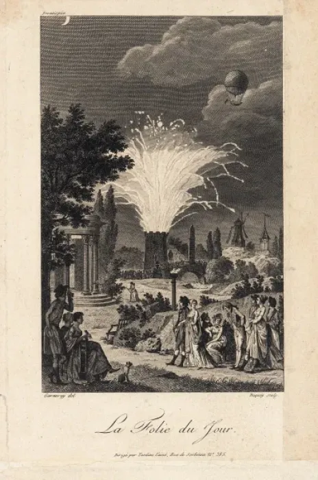 Framed Print : French park festivities with fireworks and balloon Framed Print : French park festivities with fireworks and balloon