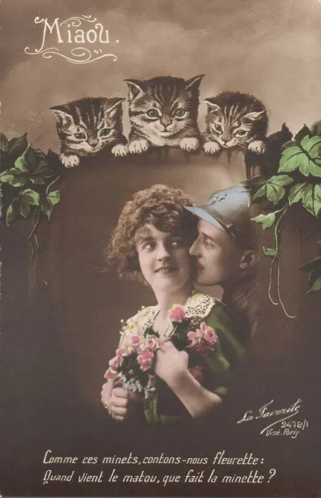 Framed Print : French postcard, soldier and sweetheart with cats, WW1 Framed Print : French postcard, soldier and sweetheart with cats, WW1