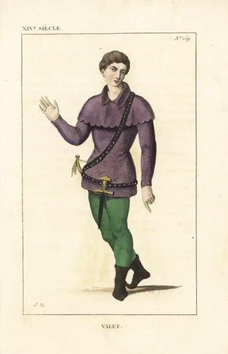 Framed Print : French royal valet in hunting wear, 14th century Framed Print : French royal valet in hunting wear, 14th century