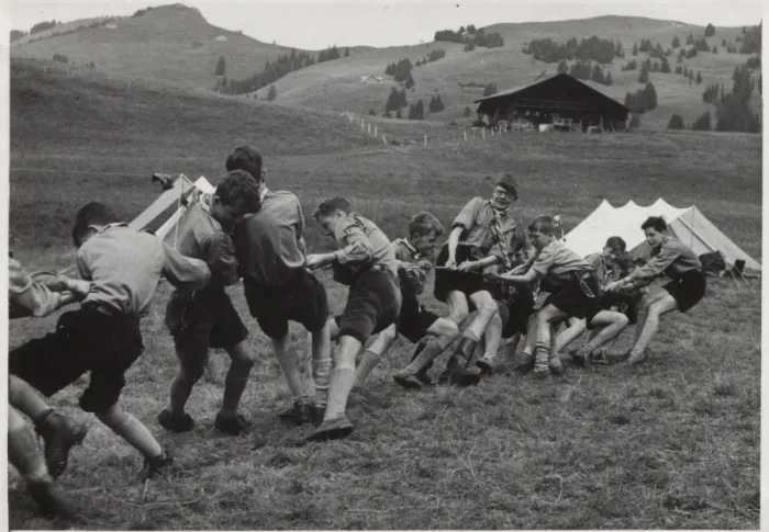 Framed Print : French scouts playing tug of war at camp in Switzerland Framed Print : French scouts playing tug of war at camp in Switzerland