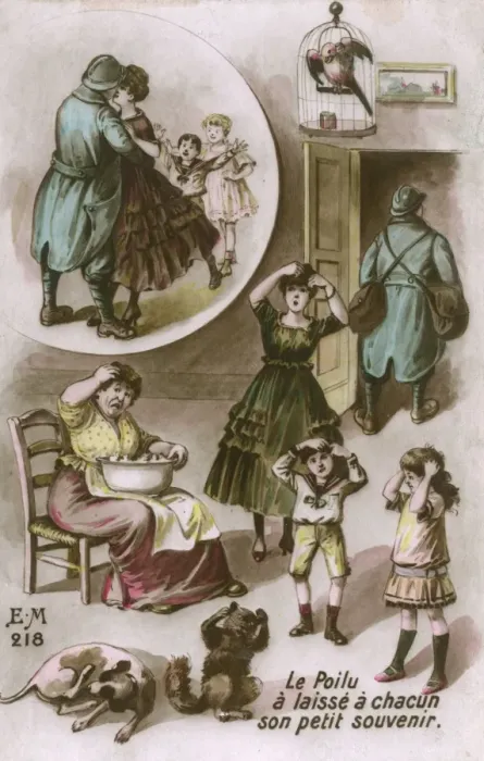 Framed Print : French soldier returns home from the front bearing fleas Framed Print : French soldier returns home from the front bearing fleas