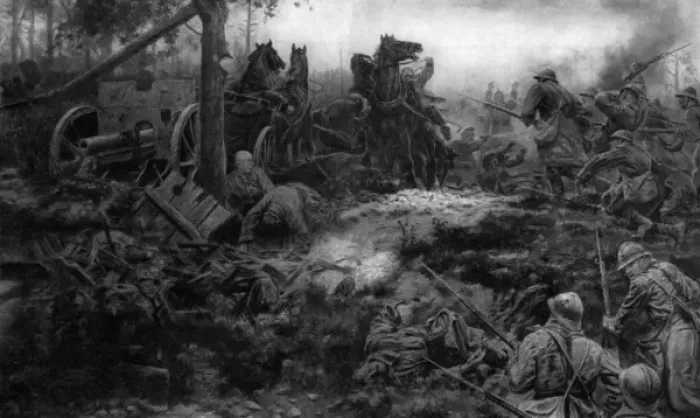 Framed Print : French soldiers, with bayonets fixed, capture a German Field Framed Print : French soldiers, with bayonets fixed, capture a German Field