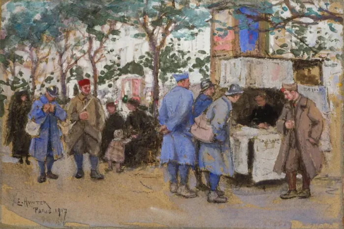 Framed Print : French soldiers and Bouquinistes along the Seine, WW1 Framed Print : French soldiers and Bouquinistes along the Seine, WW1