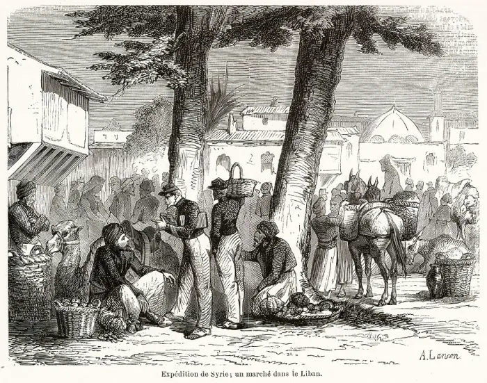 Framed Print : French soldiers, part of the mission sent to Syria on behalf of the persecuted Maronite Christians, bargain in a Lebanese market Date: November 1860 Framed Print : French soldiers, part of the mission sent to Syria on behalf of the persecuted Maronite Christians, bargain in a Lebanese market Date: November 1860