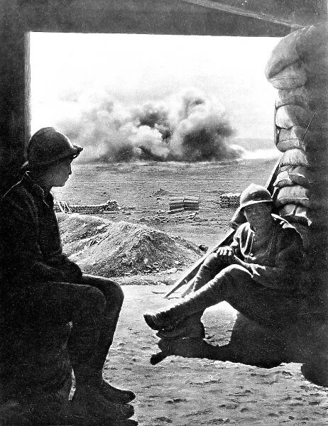 French soldiers taking cover from artillery fire inside a ca