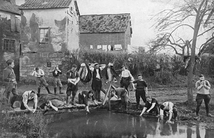 Framed Print : French soldiers washing at a pond, WW1 Framed Print : French soldiers washing at a pond, WW1