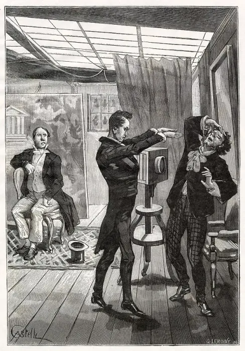 Framed Print : French spirit photographer Edouard Isidore Buguet (1840-1901) is cleared of evil fluids by a medium, before he takes a spirit photograph: he was convicted of fraud in 1874 Date: circa 1874 Framed Print : French spirit photographer Edouard Isidore Buguet (1840-1901) is cleared of evil fluids by a medium, before he takes a spirit photograph: he was convicted of fraud in 1874 Date: circa 1874