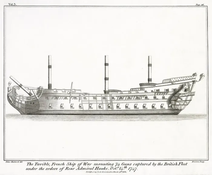 Framed Print : The French warship, Terrible. She was captured by the British in 1747 by Admiral Hawke. Date: circa 1750 Framed Print : The French warship, Terrible. She was captured by the British in 1747 by Admiral Hawke. Date: circa 1750