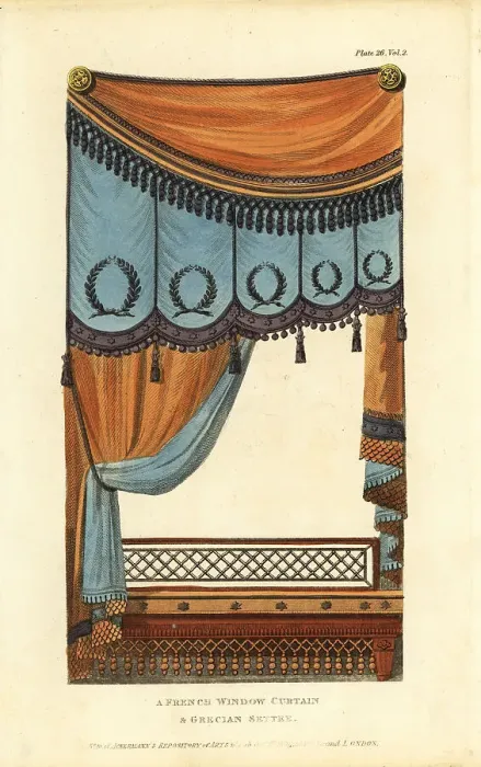 Framed Print : French window curtain and Grecian settee Framed Print : French window curtain and Grecian settee