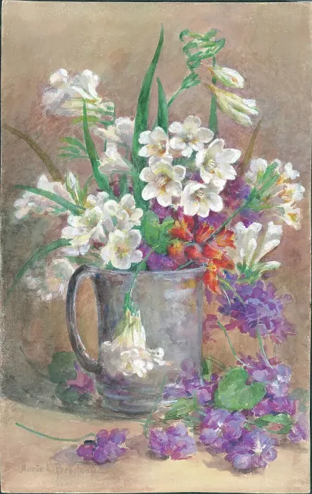 Framed Print : Fresia & Parma Violets'. Flowers in jug Framed Print : Fresia & Parma Violets'. Flowers in jug
