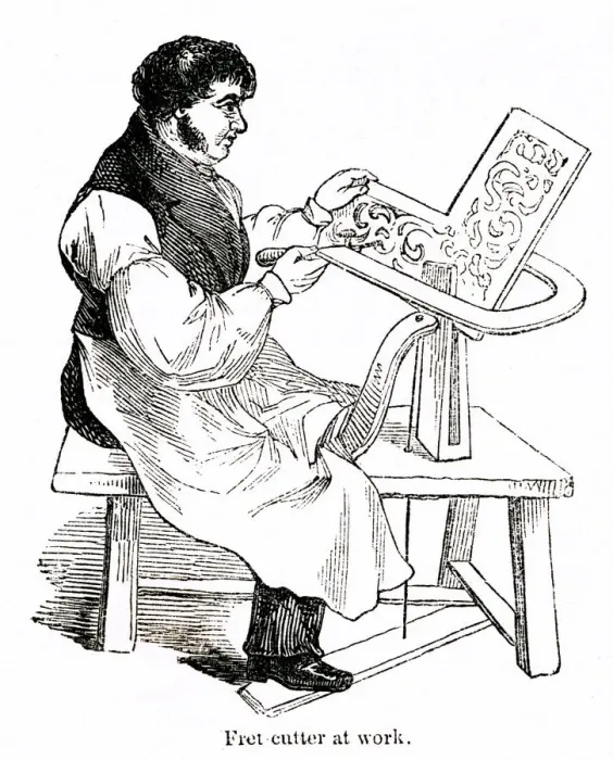 Framed Print : Fret cutter at work, Broadwood piano factory, London Framed Print : Fret cutter at work, Broadwood piano factory, London