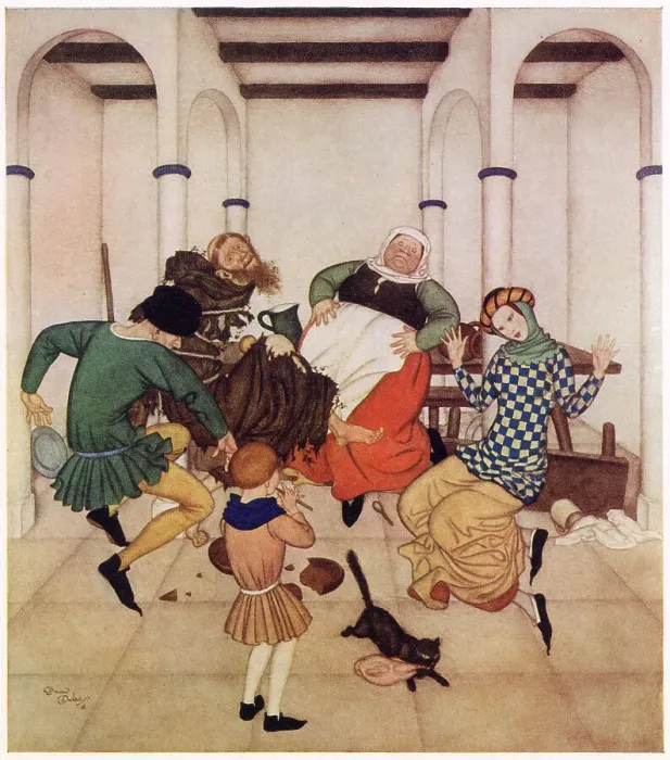 Framed Print : The Friar and the Boy, an English fairy tale. The Friar, bound fast to the post, squirmed and wriggled, showing plainly that he would foot it if he could. The boy plays the magic pipes that make everyone dance until he stops playing Framed Print : The Friar and the Boy, an English fairy tale. The Friar, bound fast to the post, squirmed and wriggled, showing plainly that he would foot it if he could. The boy plays the magic pipes that make everyone dance until he stops playing