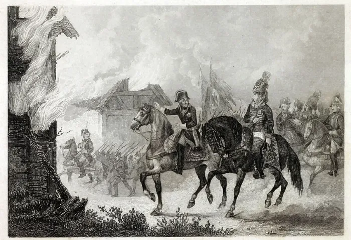Framed Print : Friedrich der Grosse rides with his officers past a burning farm Date: circa 1760 Framed Print : Friedrich der Grosse rides with his officers past a burning farm Date: circa 1760