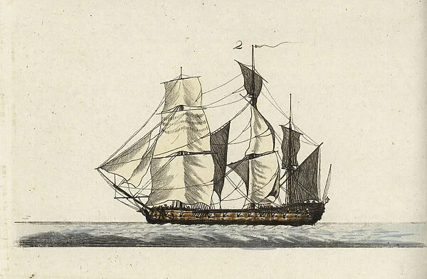 Frigate 2. Handcoloured copperplate engraving after Christiane Henriette