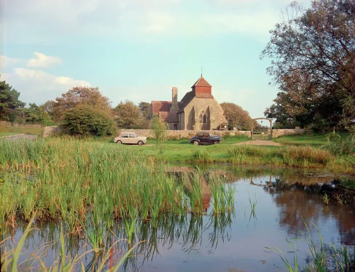 Framed Print : Friston Church and pond, near East Dean Framed Print : Friston Church and pond, near East Dean