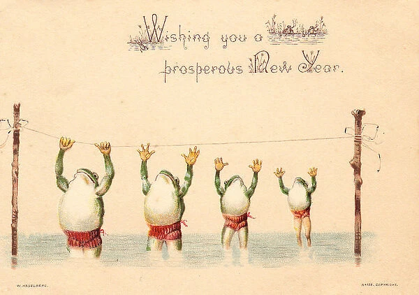 Four frog acrobats on a New Year card