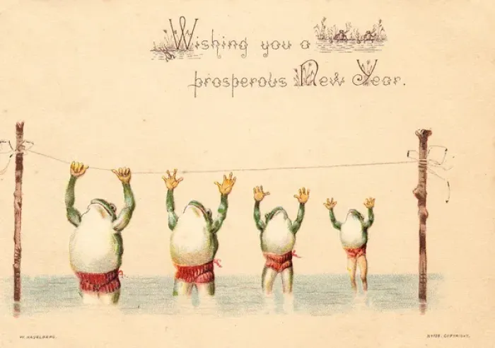 Framed Print : Four frog acrobats on a New Year card Framed Print : Four frog acrobats on a New Year card