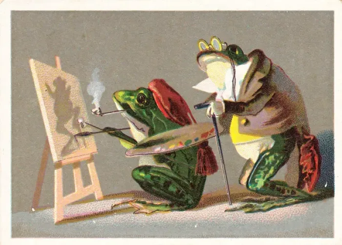 Framed Print : Frog artist and patron on a greetings card Framed Print : Frog artist and patron on a greetings card