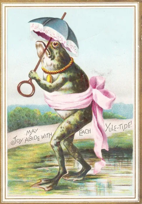 Framed Print : Frog with parasol and pink ribbon on a Christmas card Framed Print : Frog with parasol and pink ribbon on a Christmas card