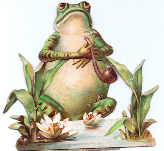 Framed Print : Frog with pipe and lilies on a cutout greetings card Framed Print : Frog with pipe and lilies on a cutout greetings card