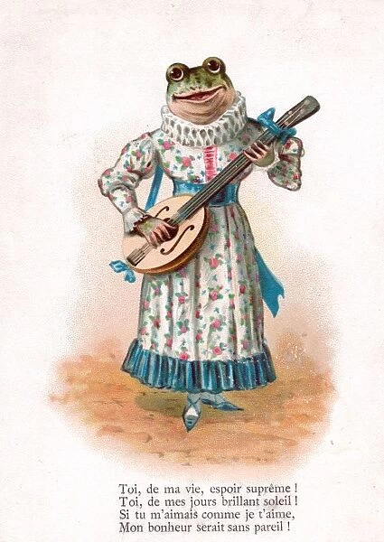 Frog playing a mandolin on a French postcard