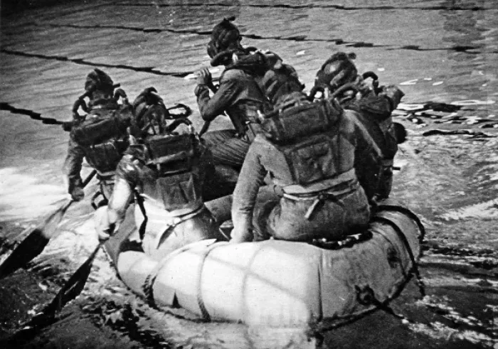 Framed Print : Frogmen in their dinghy, 1945 Framed Print : Frogmen in their dinghy, 1945