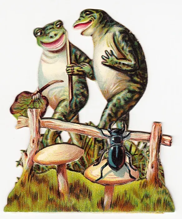 Framed Print : Two frogs and beetle on a cutout greetings card Framed Print : Two frogs and beetle on a cutout greetings card